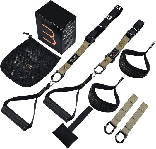 Suspension Trainer, Bodyweight Training Straps for Full Body Workouts at Home, Includes Door Anchor, Extension Arms and Advanced Foot Straps. Green